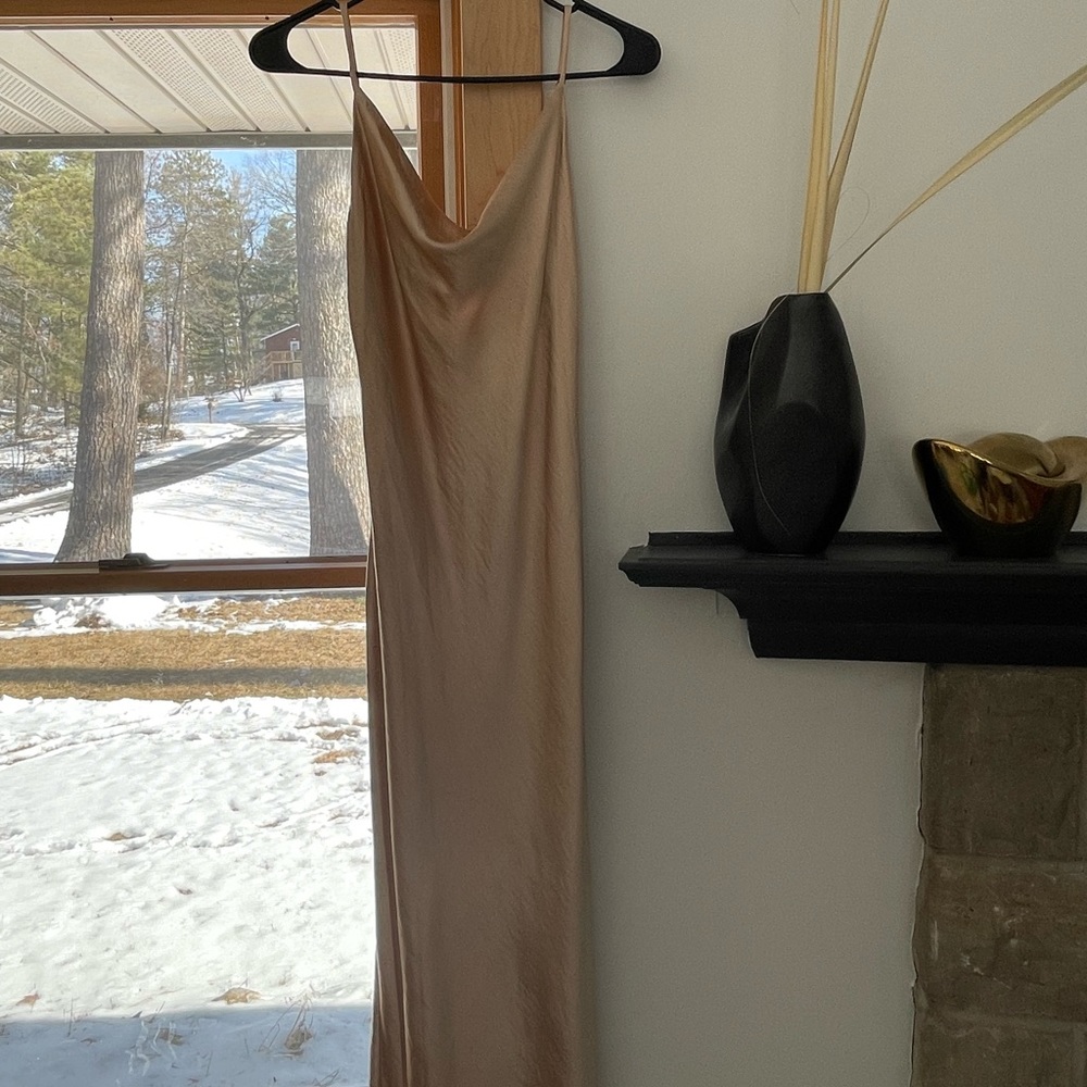 Modi gold satin cowl neck slip dress